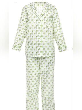 Marigot Lorient Grass Palm Trees Grass Piping Long Cotton Pajama Set Womens M
